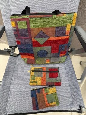 Danny K Beverly Hills Shoulder Tote, Geometric Chenille w/ Two Matching Pouches